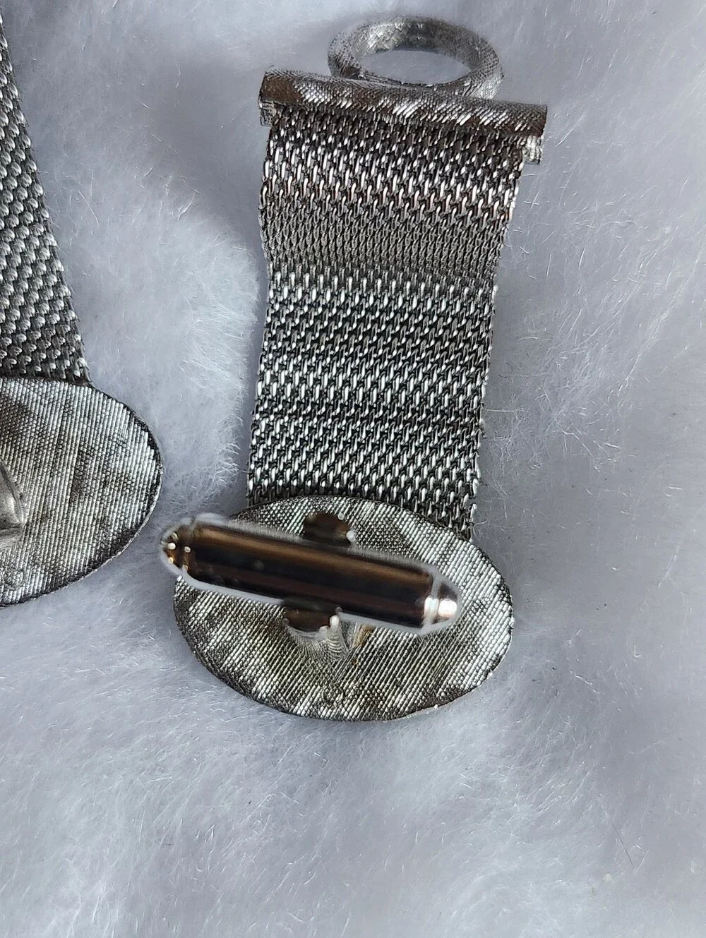 Vtg DANTE Silver Tone Mesh Cufflinks with Black Oval Inlay